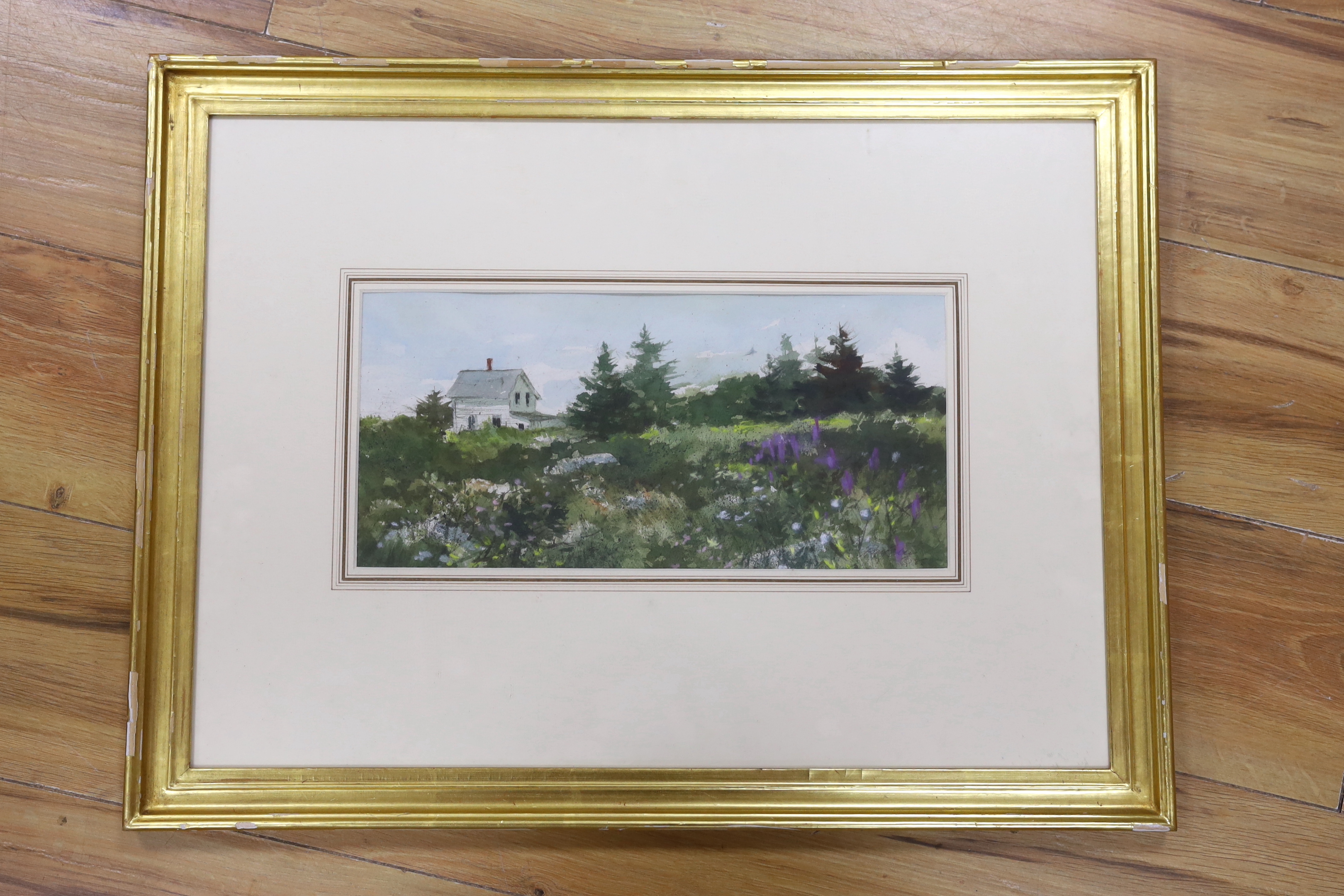 Ray Ellis (b.1921), watercolour, 'Lupine Field, Maine', signed and dated '85, Chris Beetles label verso, 17 x 35cm